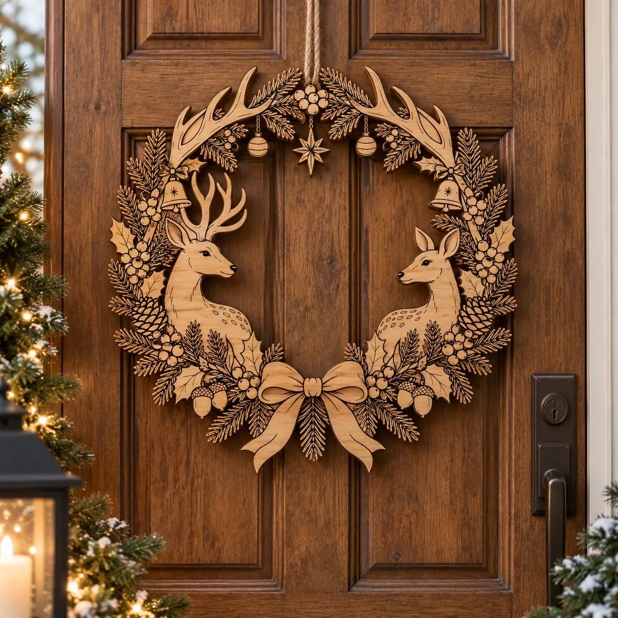 Cut and engraved reindeer door wreath
